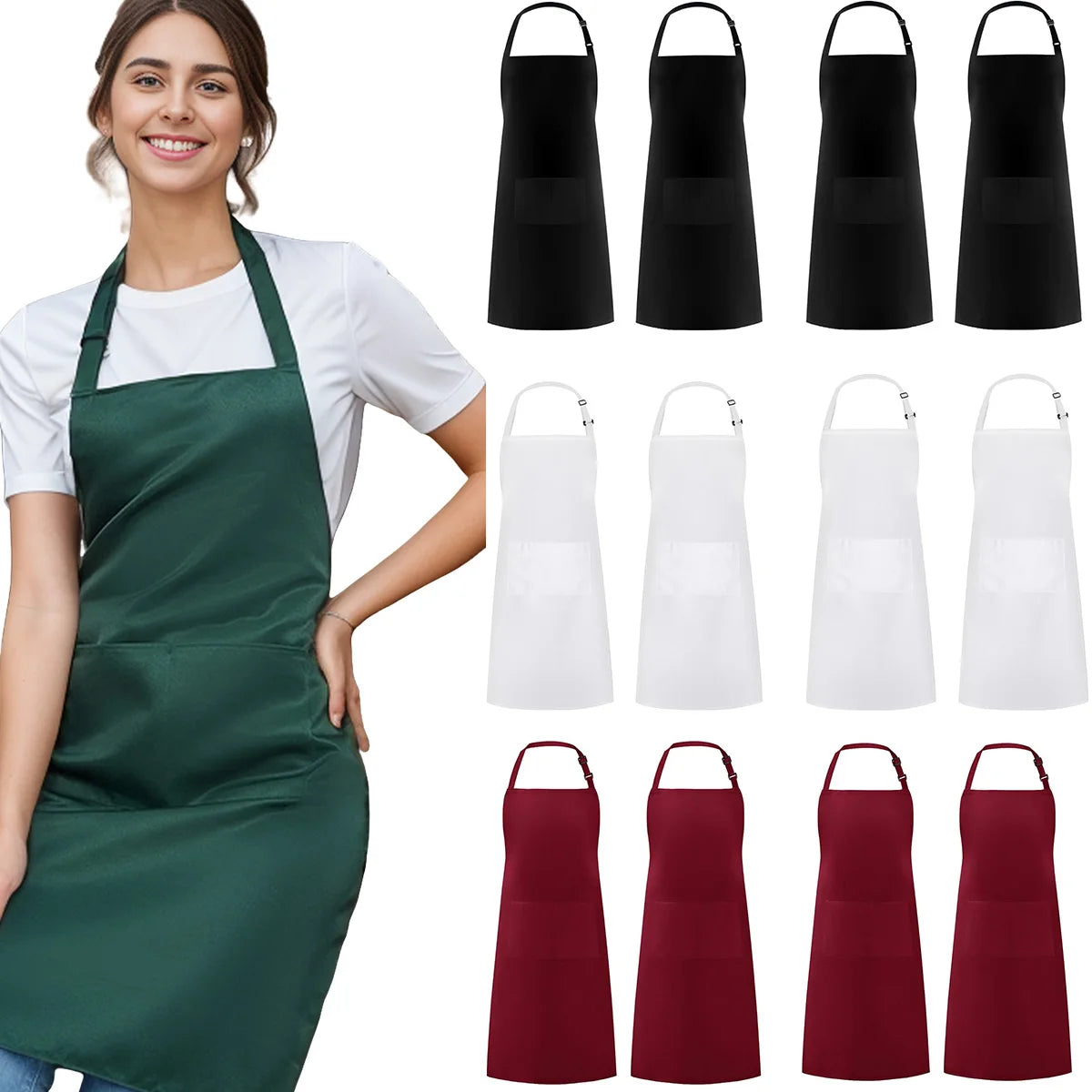 A woman models a dark green chef apron and several black and white aprons.
