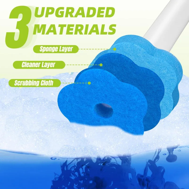 A blue long-handled toilet brush with three layers: sponge, cleaner, and scrubbing cloth, shown above water.