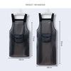A black waterproof kitchen apron hanging on a hanger, showing its front and back view.