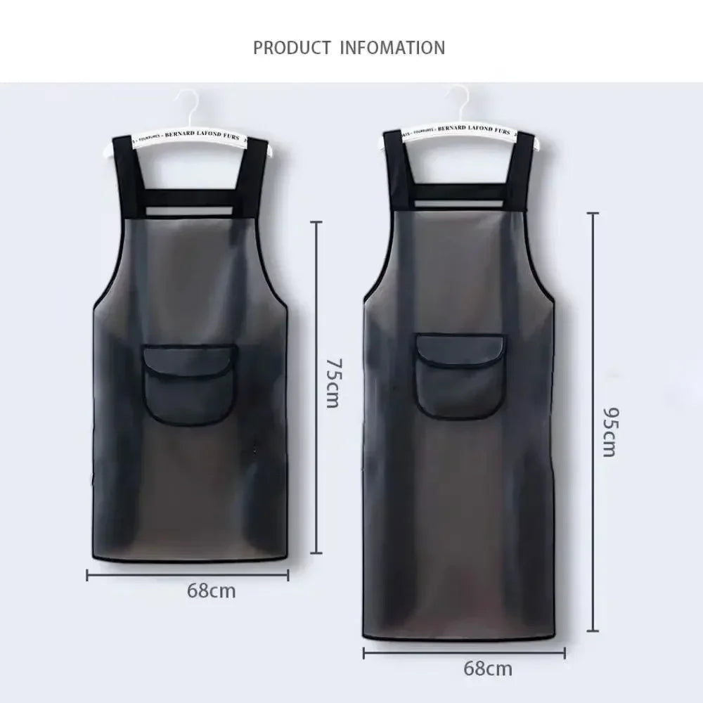 A black waterproof kitchen apron hanging on a hanger, showing its front and back view.