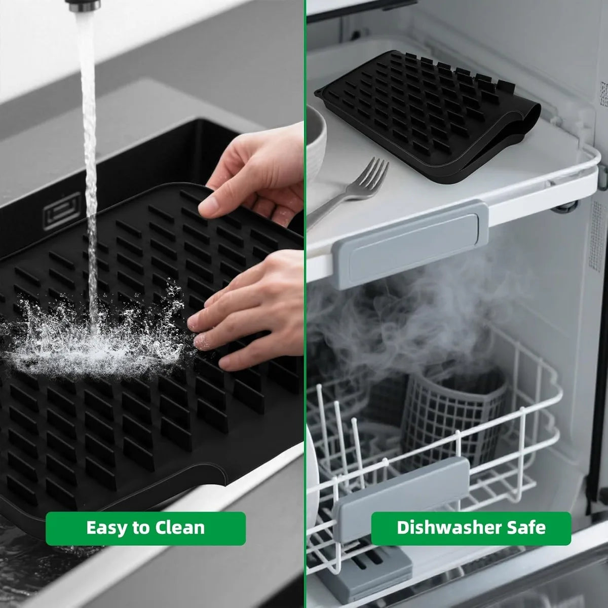 A silicone drain mat is shown being used to drain water in a kitchen sink, highlighting its easy cleaning and dishwasher safe