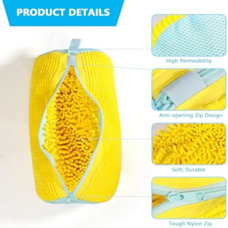 Yellow porous fabric laundry bag with a zipper, showing details of high permeability and durable nylon zip.
