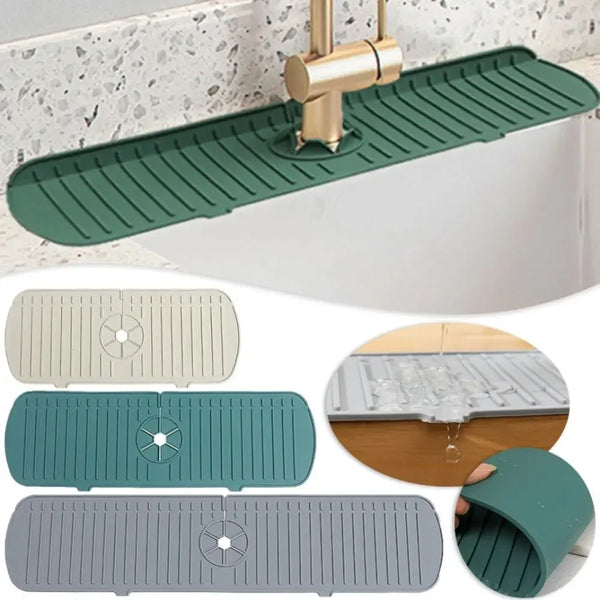 Silicone sink drain mats in various colors and styles shown next to a faucet