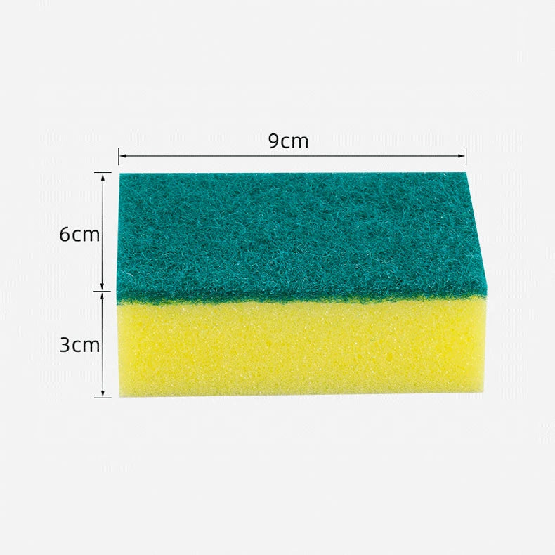 A rectangular sponge divided into two layers, showing a teal top layer and a yellow bottom layer.