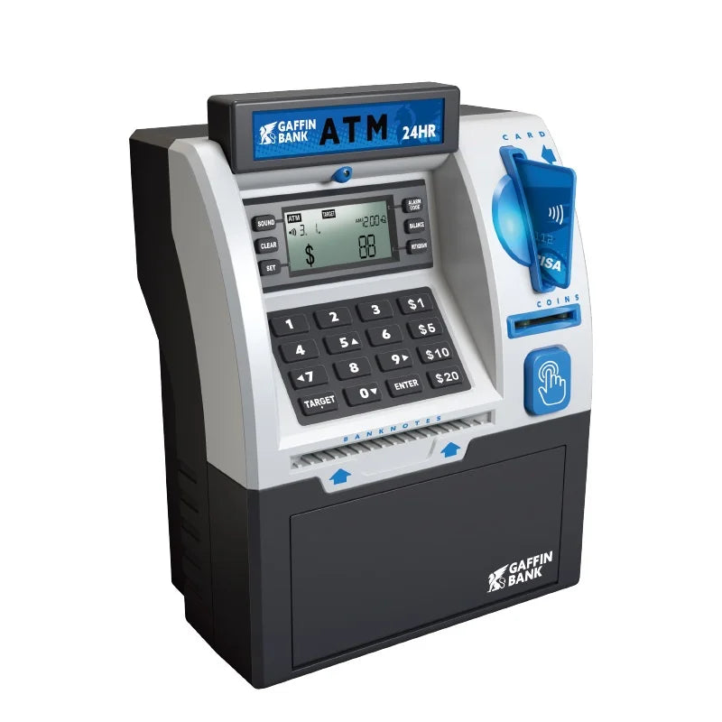 A black and gray ATM-style digital money box for kids with a keypad and card slot.