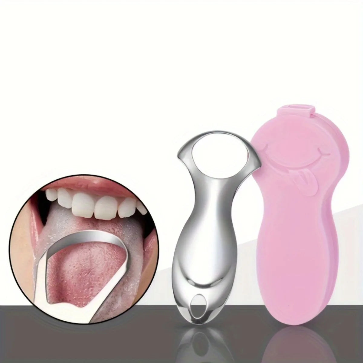 Stainless steel tongue scraper and protective case shown next to a mouth diagram
