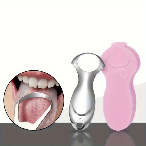 Stainless steel tongue scraper and protective case shown next to a mouth diagram