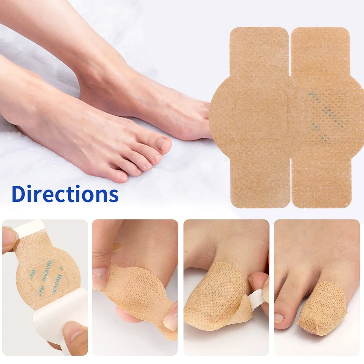 Demonstration of nail repair patches applied to the toenails and surrounding skin.