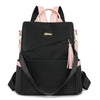 Black women's anti-theft PU leather travel backpack with pink accents and tassel details