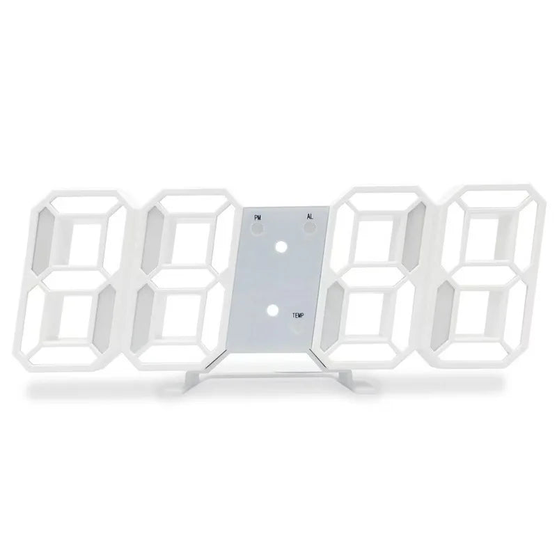 Weiße 3D-LED-digitale Wanduhr mit Anzeige und USB-Ladeanschluss.