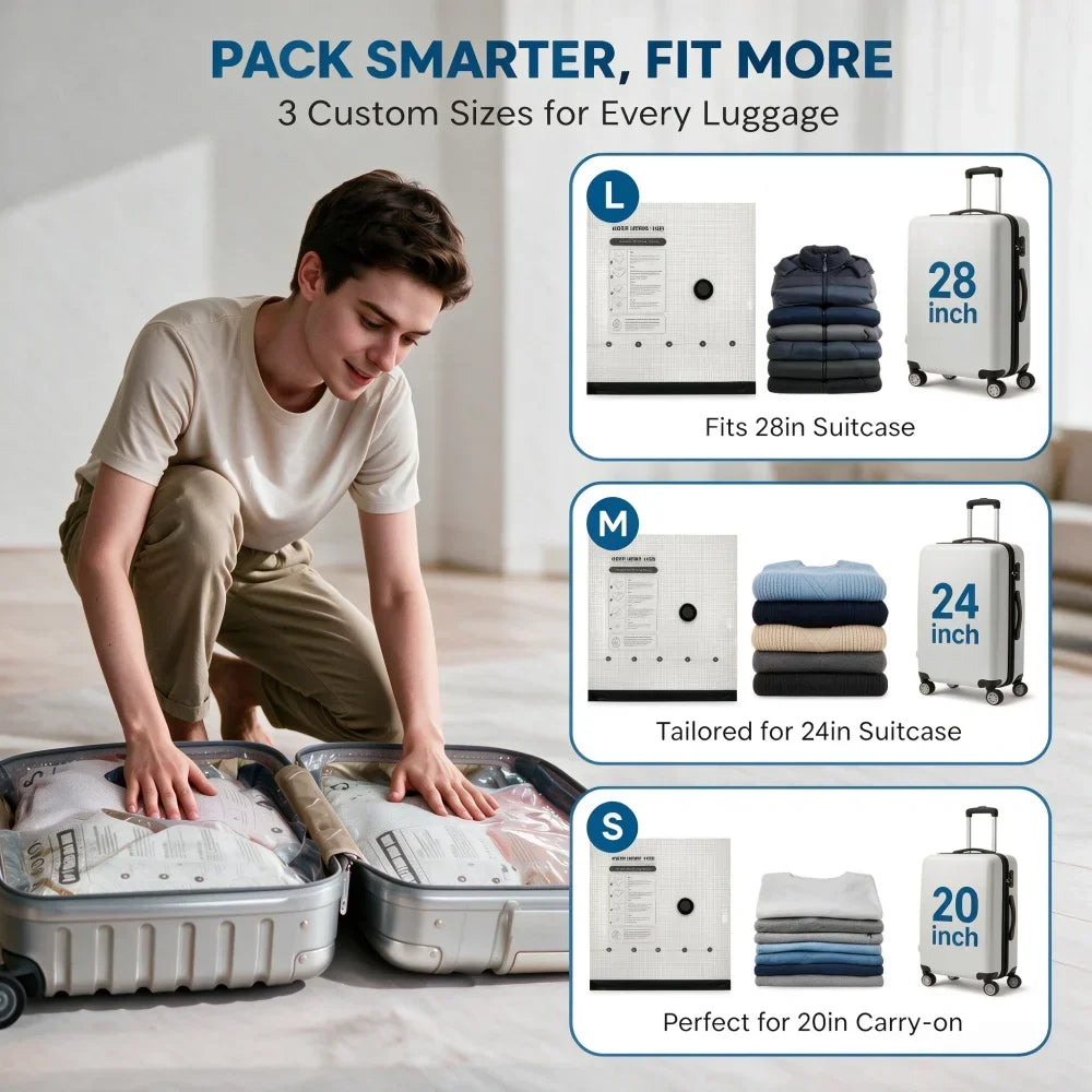 A set of vacuum storage bags with an electric pump shown alongside various sized luggage for travel and home compression.