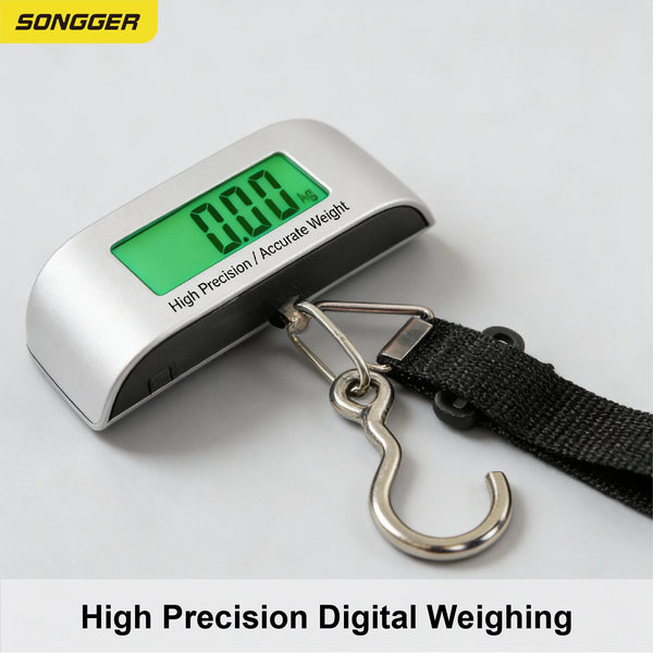 Báscula digital portátil plateada para equipaje mostrando 0.00 kg, con correa negra.