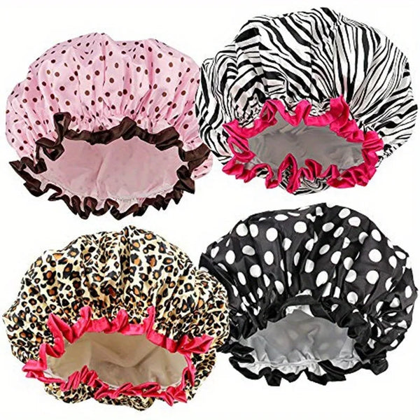 Three shower caps featuring leopard print, zebra stripes, and polka dots in pink and black patterns.