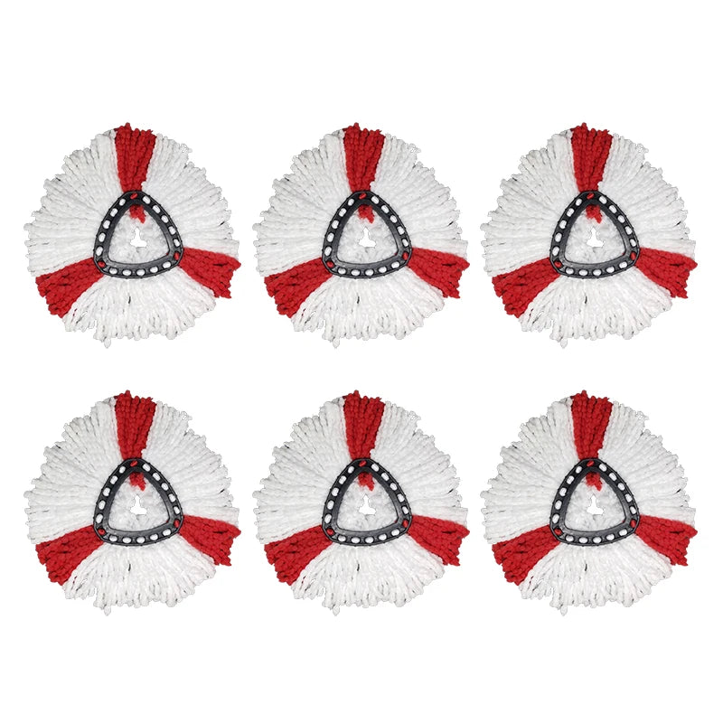 Six white and red microfiber mop head replacements for spin mop systems