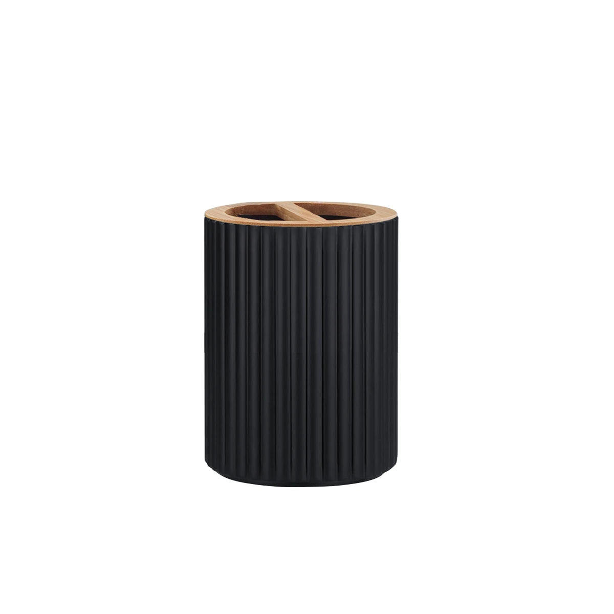 A black cylindrical bathroom countertop organizer with vertical ribbed texture and a wooden lid.