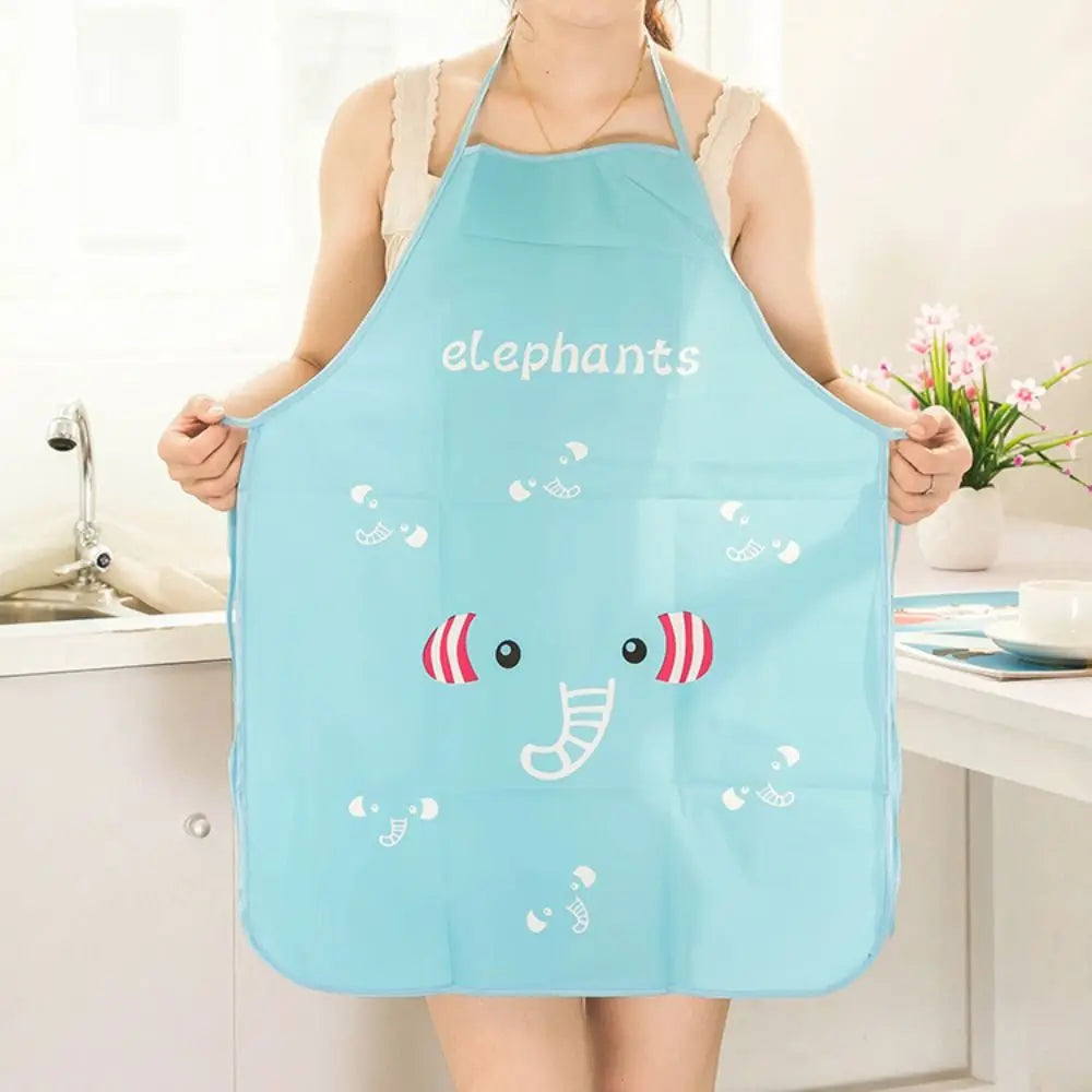 Light blue oil-proof cooking apron featuring a cartoon elephant face design