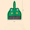A green cartoon animal broom and dustpan set with a brush and a pan.