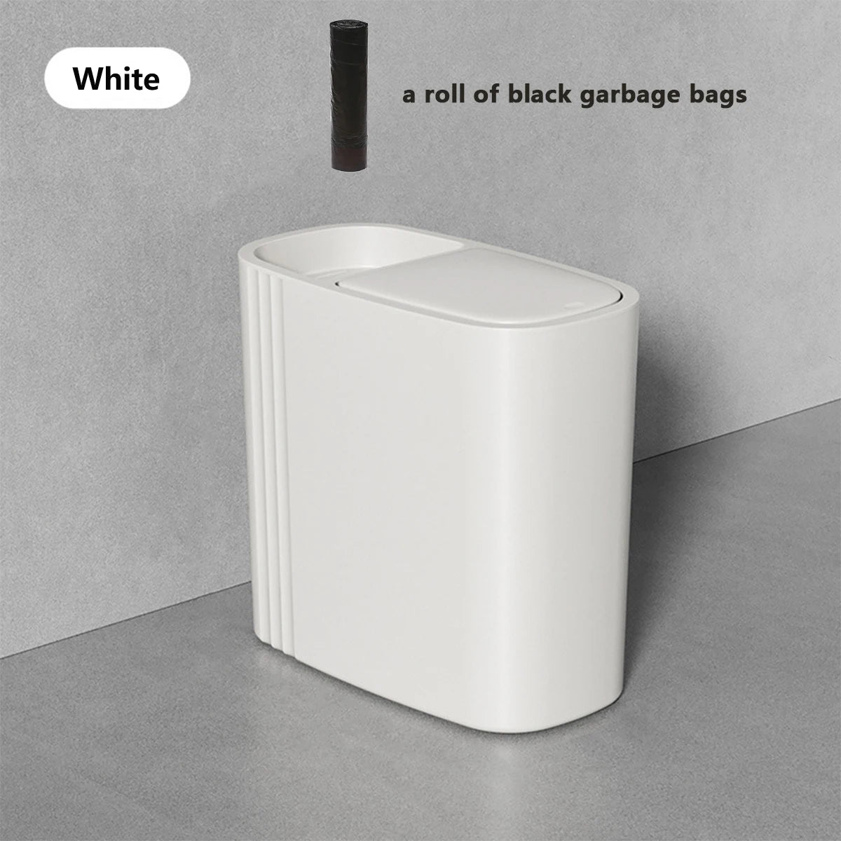 A white odor-sealing trash can with a press lid shown against a gray wall.