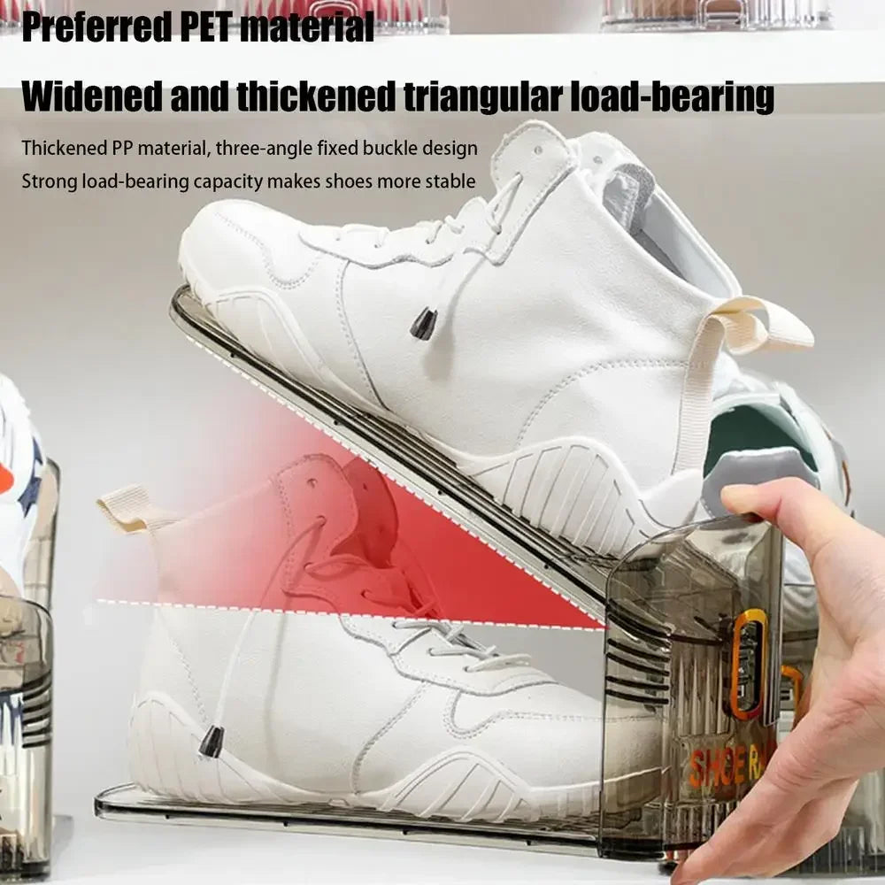 A white shoe organizer rack holding a white sneaker, demonstrating strengthened triangular load-bearing material.