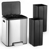 A stainless steel dual compartment trash can shown in both open and closed forms.