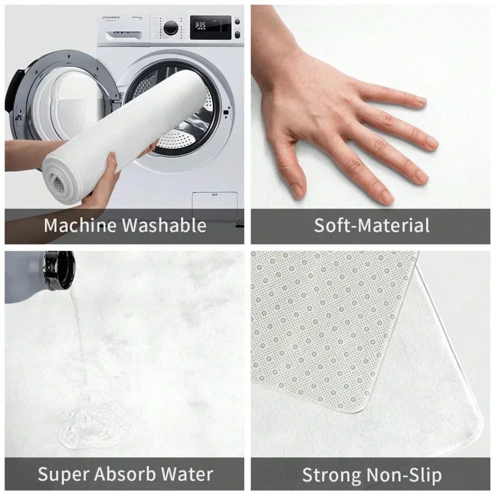 A set of botanical leaf carpet mats demonstrating machine washability, soft material, water absorption, and strong non-slip p
