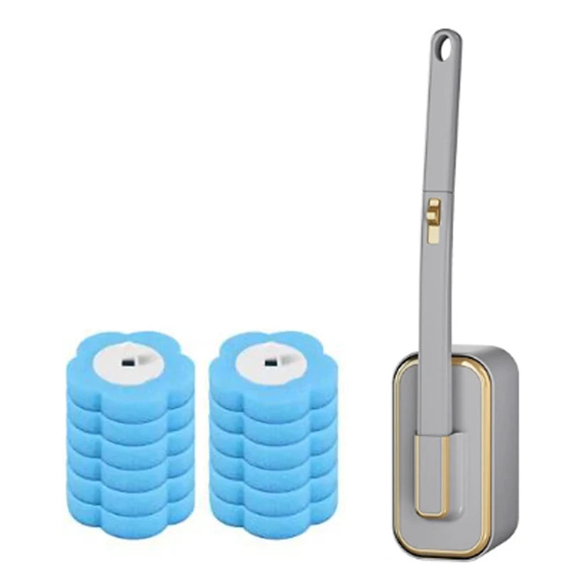 A set of blue disposable toilet brushes with long handles and a gray holder.