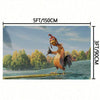 A tapestry wall hanging featuring the character Funny Chicken Joe standing on a log near water.