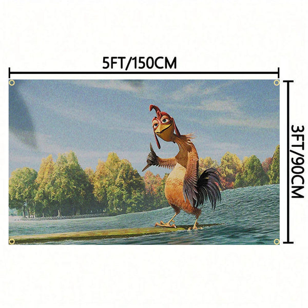A tapestry wall hanging featuring the character Funny Chicken Joe standing on a log near water.