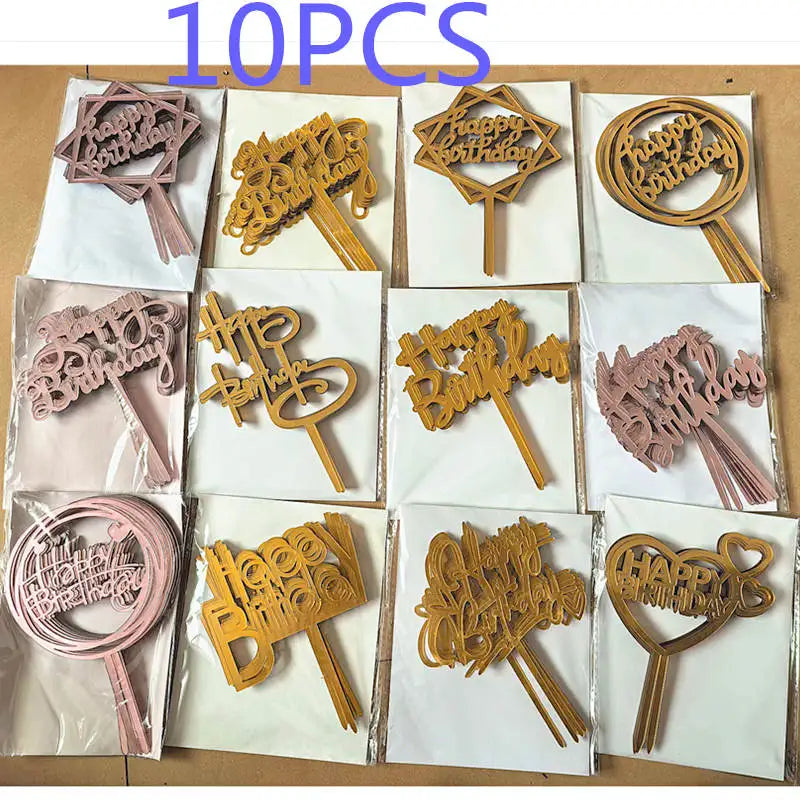 A set of ten wooden acrylic birthday cake toppers in various designs and colors displayed on white cards.