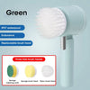 A light blue electric spin scrubber with a white brush head and three free replacement brush heads shown next to the product.