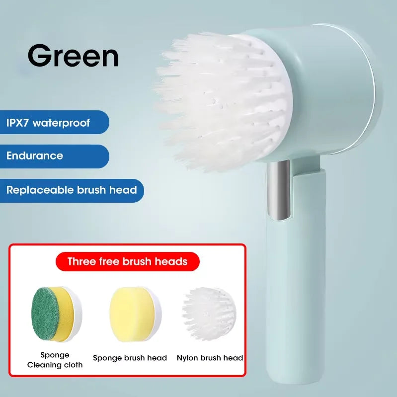 A light blue electric spin scrubber with a white brush head and three free replacement brush heads shown next to the product.