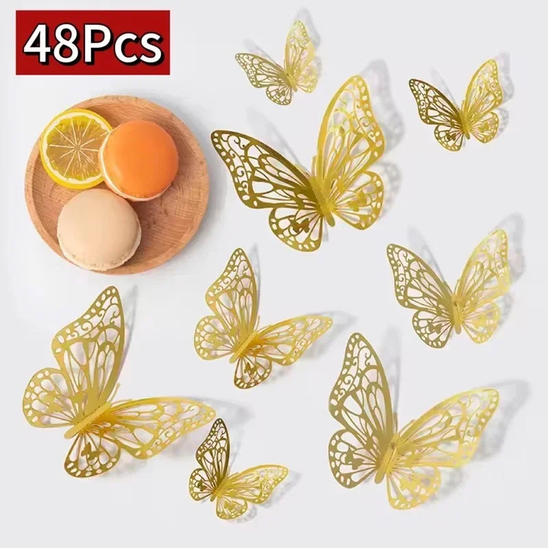 48 pieces of gold-colored 3D decorative butterfly wall stickers displayed on a white background.