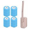 Un ensemble de brosses de toilette jetables roses avec têtes et poignées en silicone bleu.