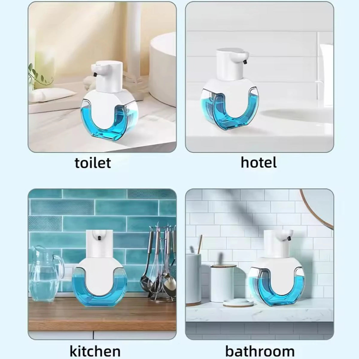 Automatische Wandseifenspender in verschiedenen Kontexten wie Toilette, Hotel, Küche und Badezimmern.
