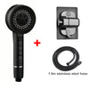 A black high pressure shower head with a hose and a wall mount fitting.