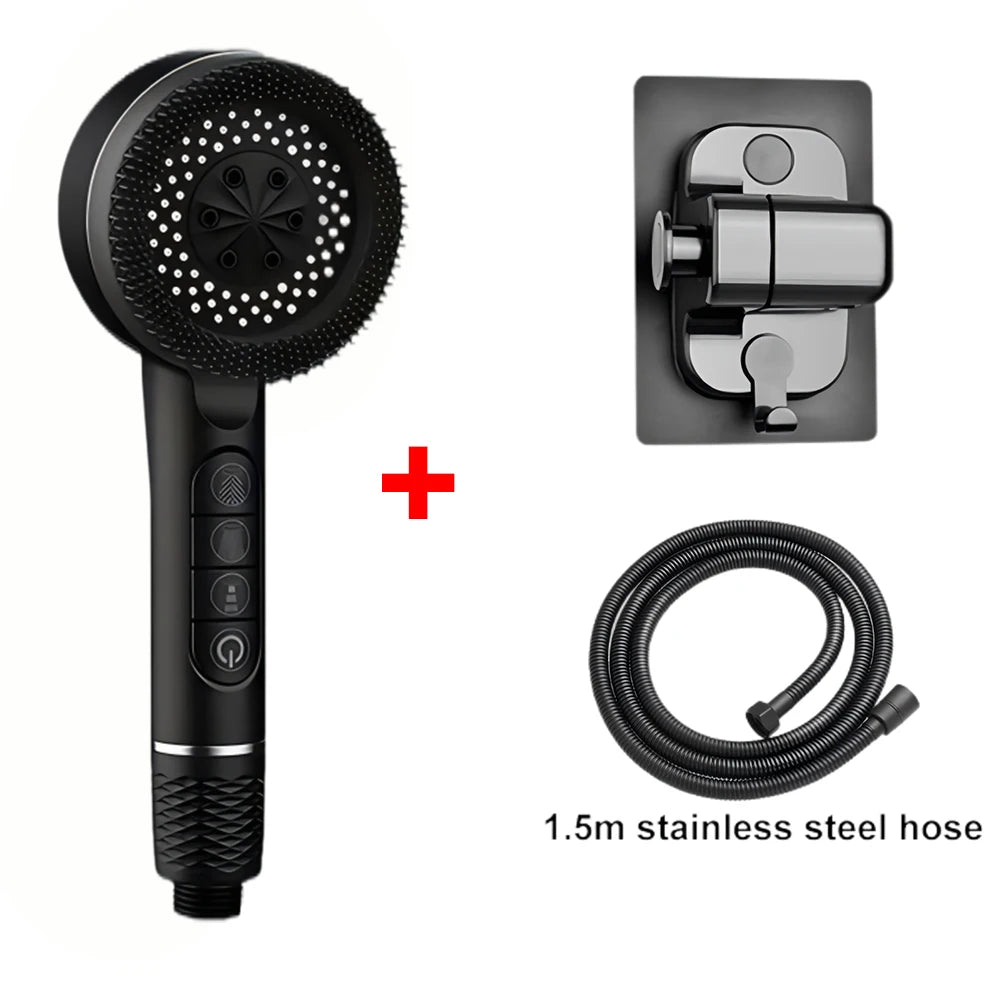 A black high pressure shower head with a hose and a wall mount fitting.