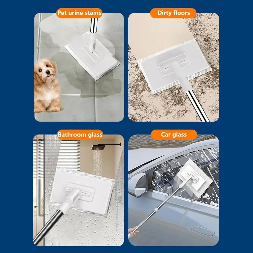 A set of hands-free 360° rotating mops with reusable microfiber cloths cleaning pet stains, dirty floors, bathroom glass, and