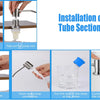 Installation steps for an under-sink kitchen soap dispenser, showing tightening washers, connecting a hose and pump, and pres