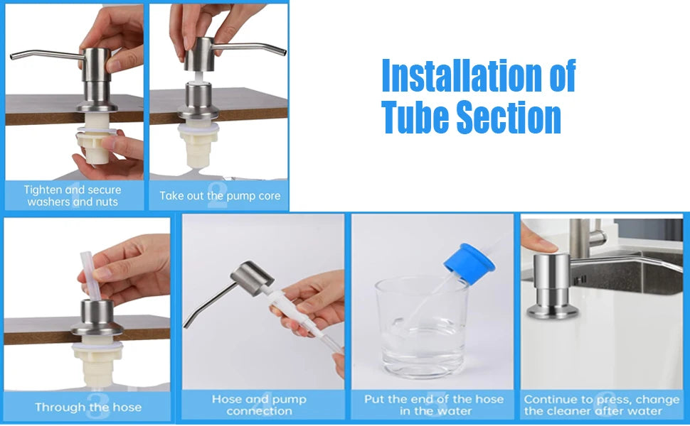 Installation steps for an under-sink kitchen soap dispenser, showing tightening washers, connecting a hose and pump, and pres
