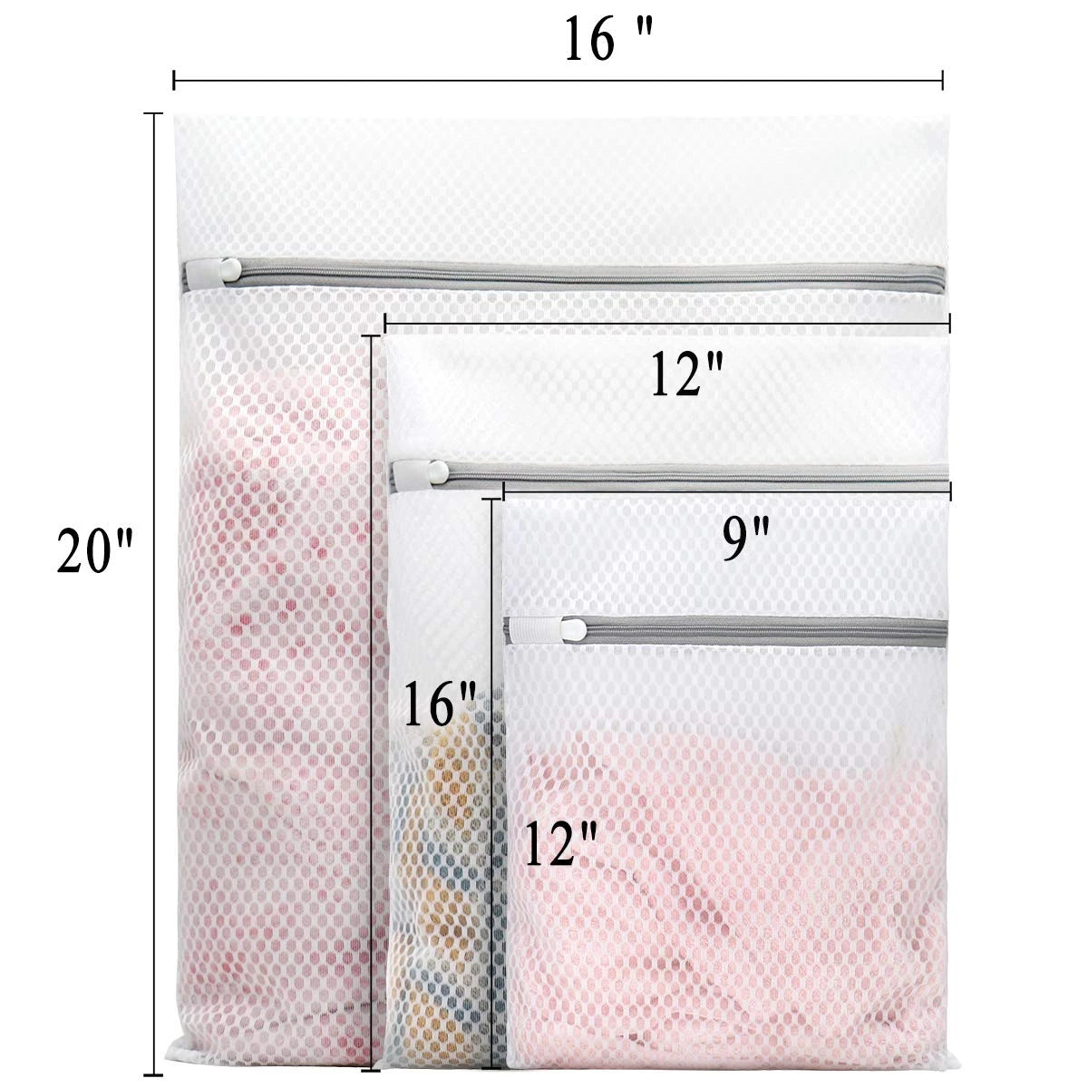 A set of five reusable mesh laundry bags in various sizes, including 16 inch and 12 inch options.