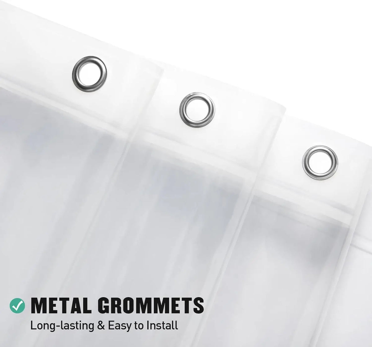 Clear shower curtain liner with metal grommets and weighted magnets for easy installation