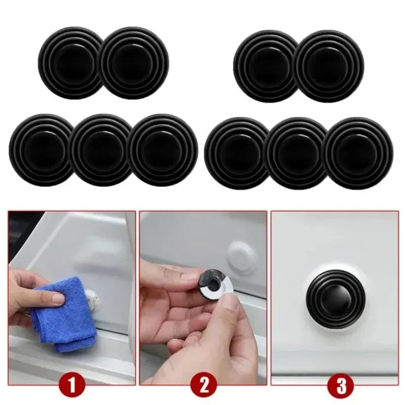 Set of black car door anti-collision gaskets and installation guide showing removal and replacement