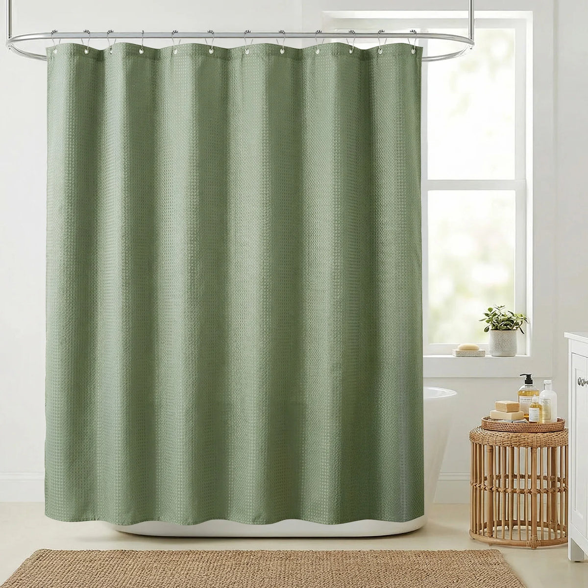 A light sage green waffle weave shower curtain hanging on a metal rod in a bathroom setting.