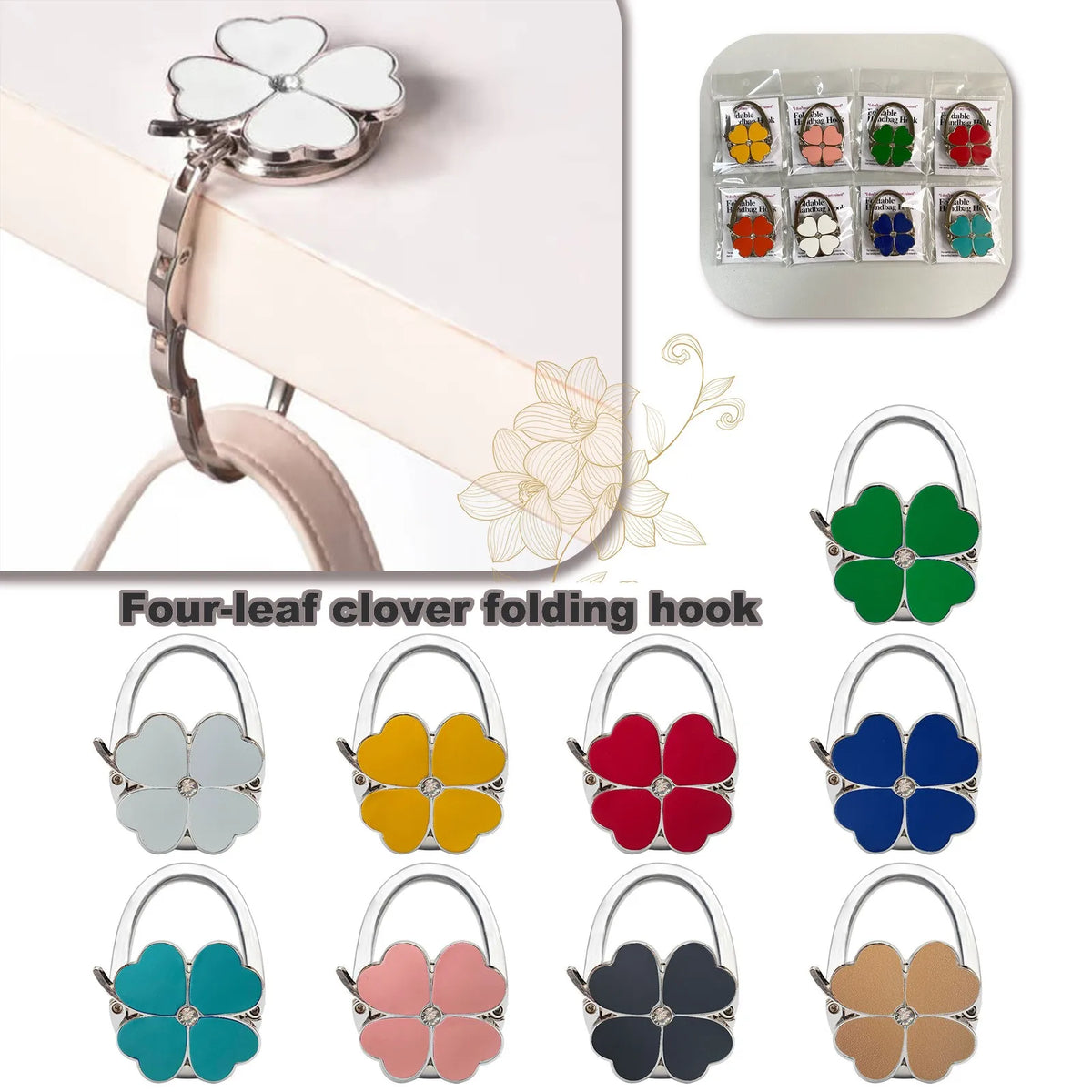 A collection of four-leaf clover folding hooks in various colors including silver, green, red, blue, and pink.