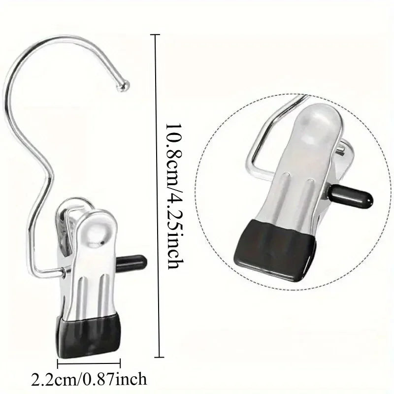 Stainless steel clothespin with a metal hook and black clip for laundry organization