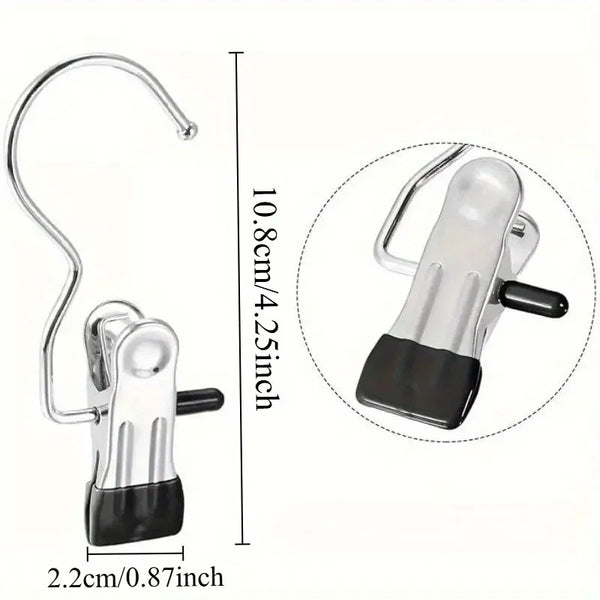 Stainless steel clothespin with a metal hook and black clip for laundry organization
