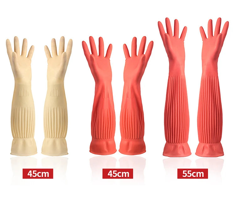 A set of silicone dishwashing gloves in beige and coral colors shown with various hand shapes and sizes.