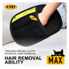 Black two-way brush cloth pet hair removal gloves being used on a hand.
