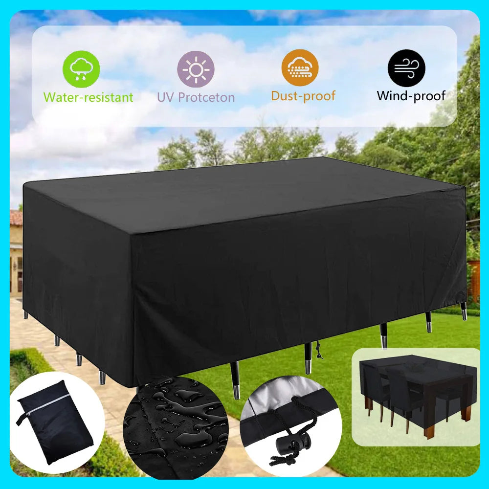 Housse anti-poussière noire et imperméable pour mobilier d'extérieur, avec accessoires et exemples d'utilisation.
