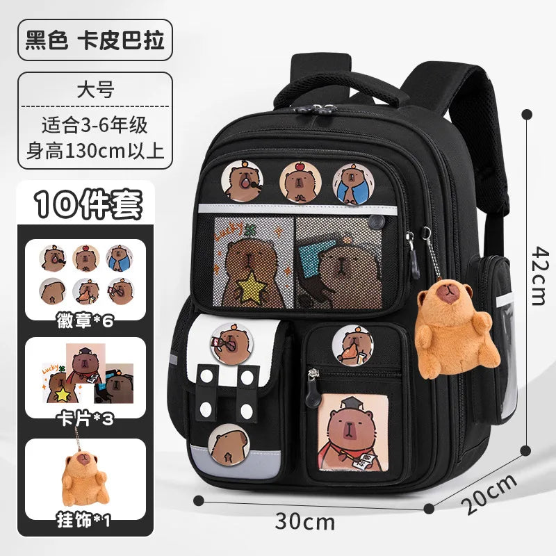 Black capybara style school backpack for kids featuring various animal designs and patches